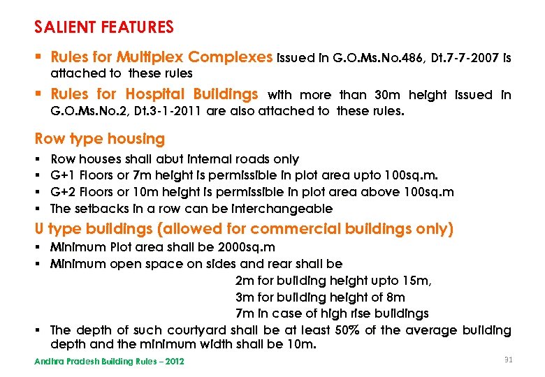 SALIENT FEATURES § Rules for Multiplex Complexes issued in G. O. Ms. No. 486,