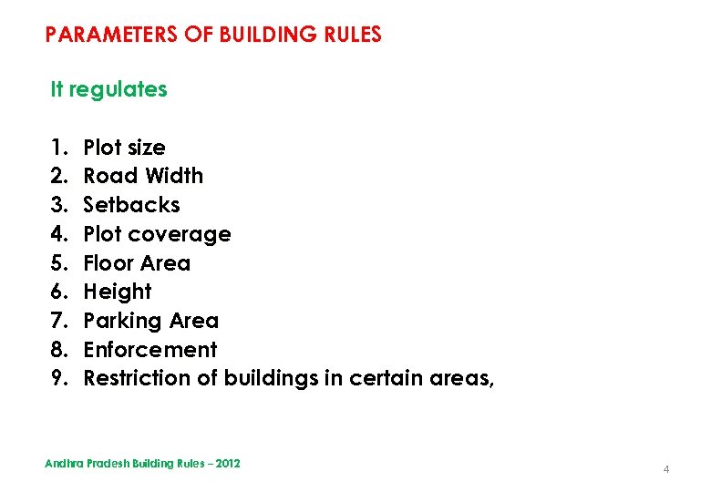 PARAMETERS OF BUILDING RULES It regulates 1. 2. 3. 4. 5. 6. 7. 8.