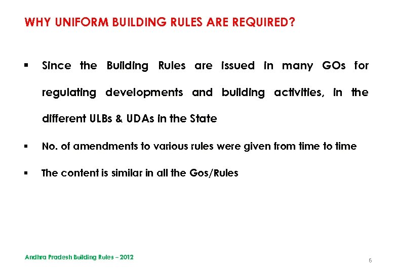 WHY UNIFORM BUILDING RULES ARE REQUIRED? § Since the Building Rules are issued in