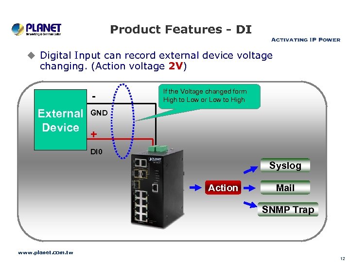 Product Features - DI u Digital Input can record external device voltage changing. (Action