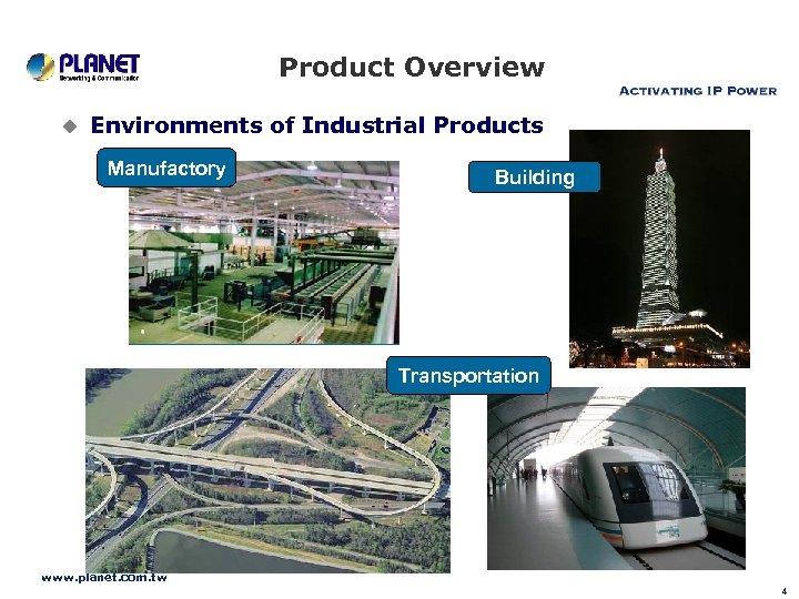 Product Overview u Environments of Industrial Products Manufactory Building Transportation www. planet. com. tw