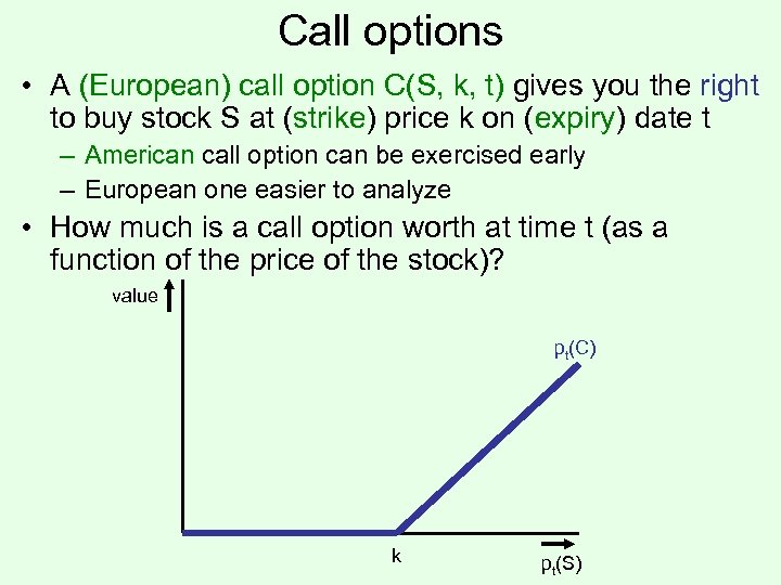 Call options • A (European) call option C(S, k, t) gives you the right