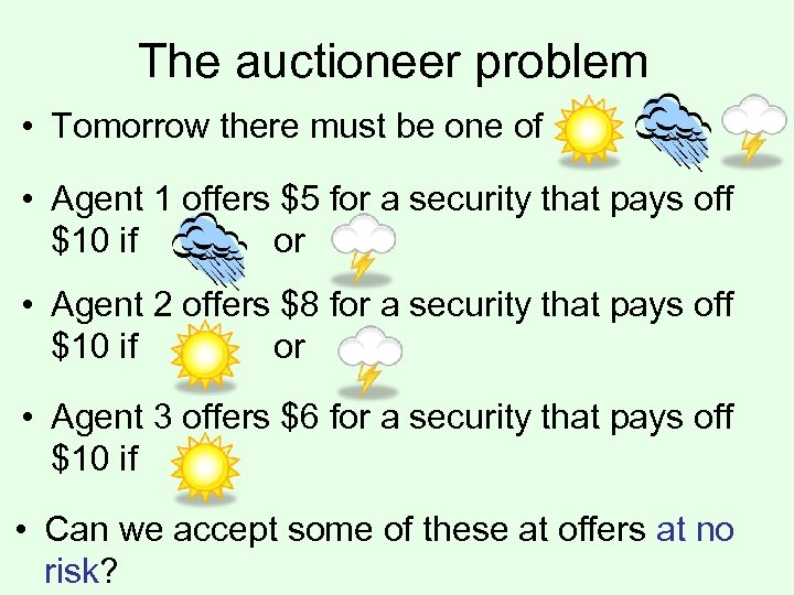 The auctioneer problem • Tomorrow there must be one of • Agent 1 offers