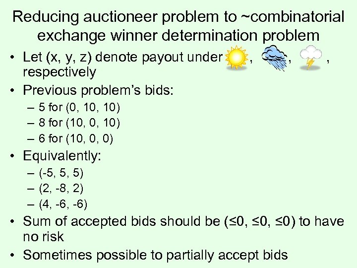 Reducing auctioneer problem to ~combinatorial exchange winner determination problem • Let (x, y, z)