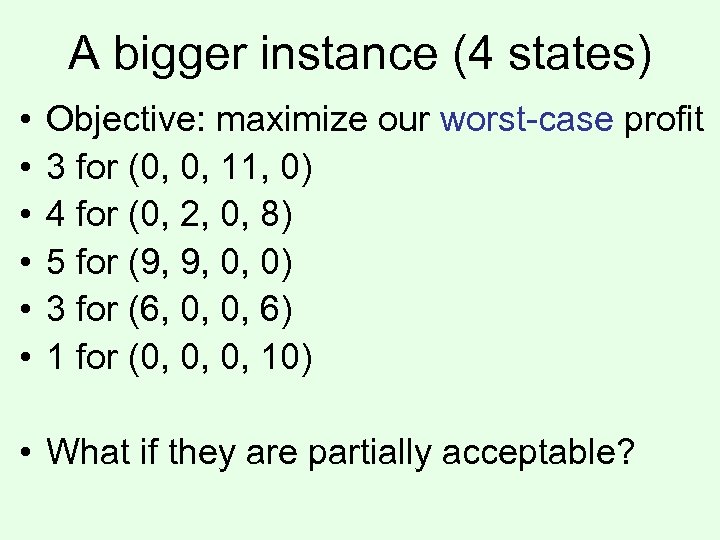 A bigger instance (4 states) • • • Objective: maximize our worst-case profit 3
