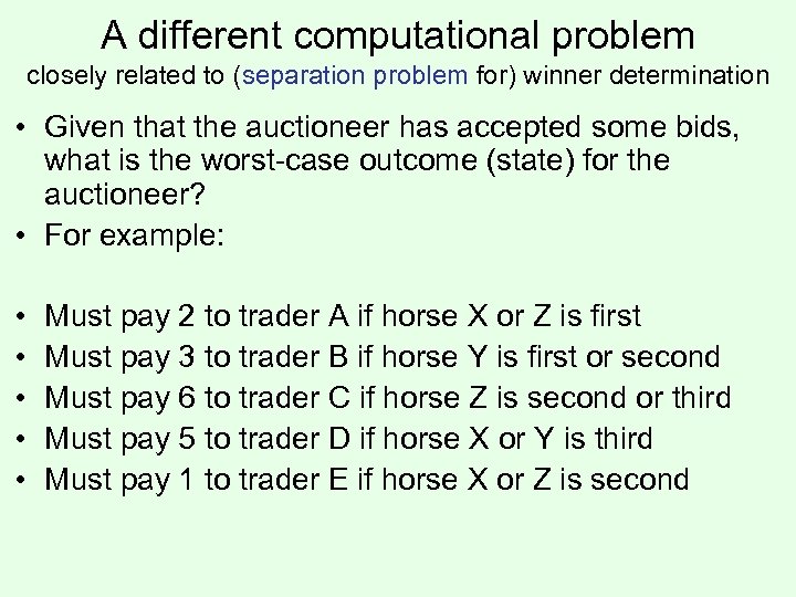 A different computational problem closely related to (separation problem for) winner determination • Given
