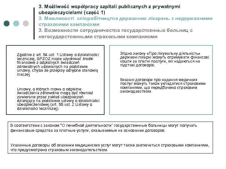 3. Możliwość współpracy szpitali publicznych z prywatnymi ubezpieczycielami (część 1) 3. Можливості співробітництва державних