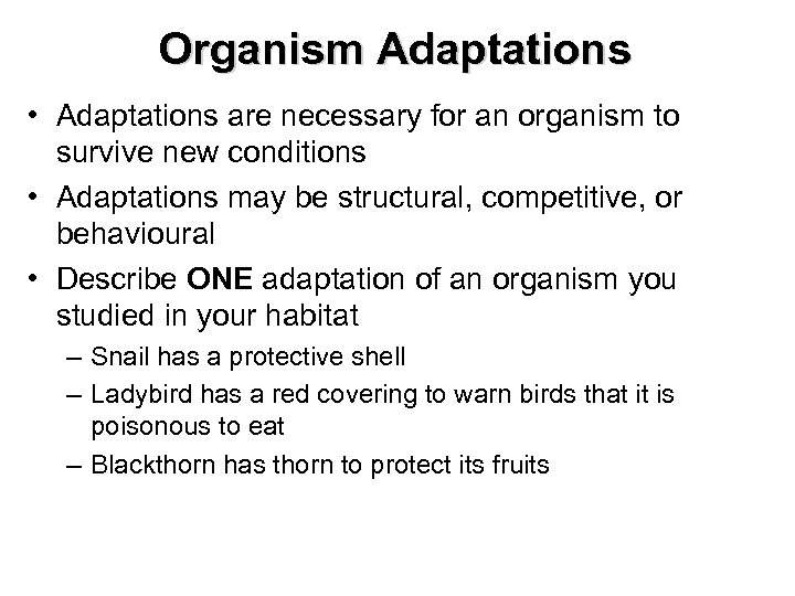 Organism Adaptations • Adaptations are necessary for an organism to survive new conditions •