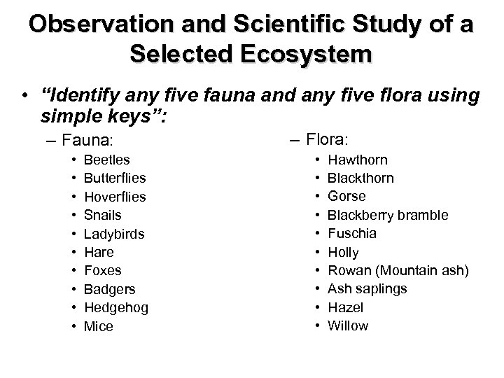 Observation and Scientific Study of a Selected Ecosystem • “Identify any five fauna and