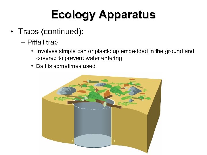 Ecology Apparatus • Traps (continued): – Pitfall trap • Involves simple can or plastic
