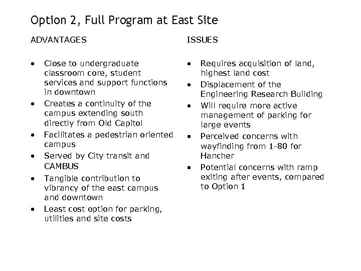 Option 2, Full Program at East Site ADVANTAGES ISSUES • • Close to undergraduate