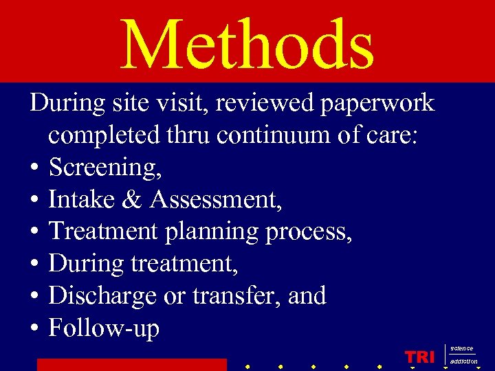Methods During site visit, reviewed paperwork completed thru continuum of care: • Screening, •