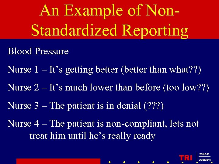 An Example of Non. Standardized Reporting Blood Pressure Nurse 1 – It’s getting better