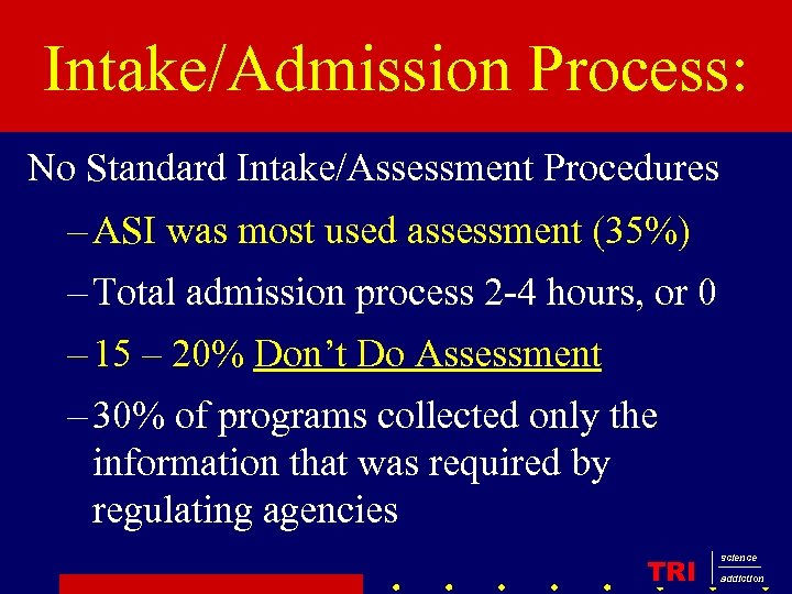 Intake/Admission Process: No Standard Intake/Assessment Procedures – ASI was most used assessment (35%) –