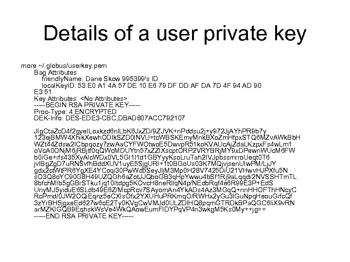 Details of a user private key more ~/. globus/userkey. pem Bag Attributes friendly. Name: