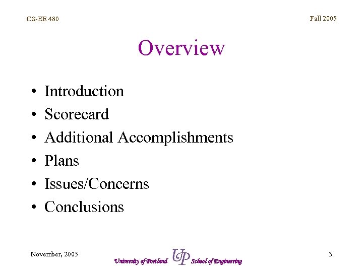 Fall 2005 CS-EE 480 Overview • • • Introduction Scorecard Additional Accomplishments Plans Issues/Concerns