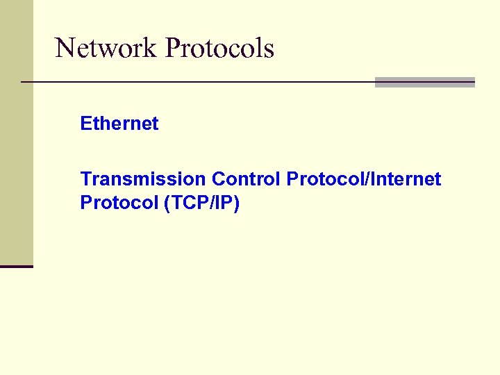Network Protocols Ethernet Transmission Control Protocol/Internet Protocol (TCP/IP) 