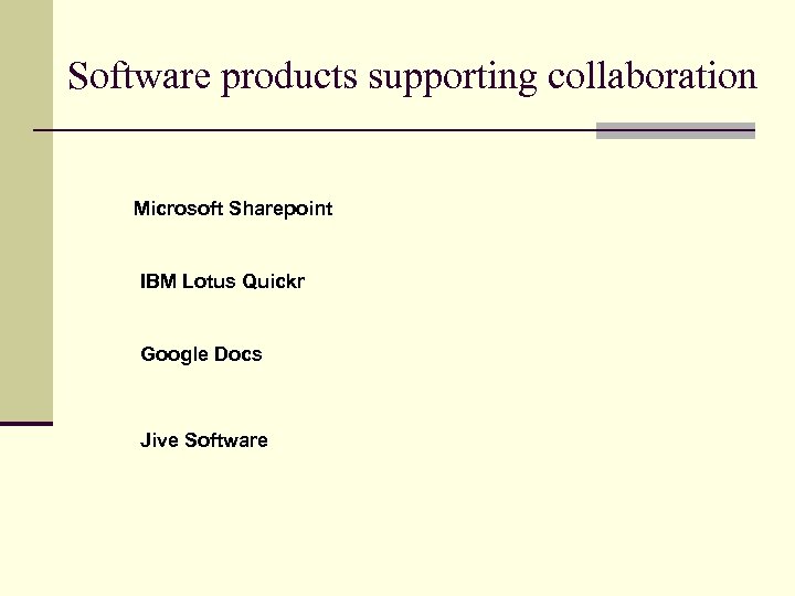 Software products supporting collaboration Microsoft Sharepoint IBM Lotus Quickr Google Docs Jive Software 
