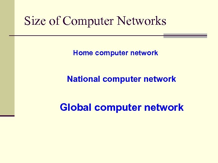 Size of Computer Networks Home computer network National computer network Global computer network 