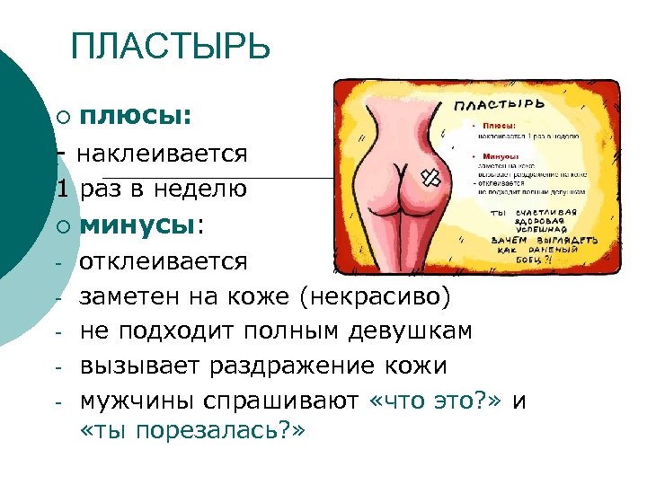 ПЛАСТЫРЬ ¡ плюсы: - наклеивается 1 раз в неделю ¡ - минусы: отклеивается заметен