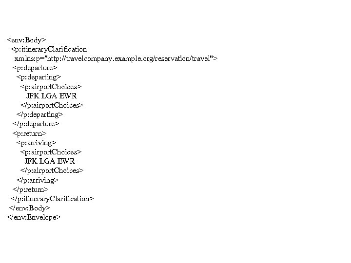 <env: Body> <p: itinerary. Clarification xmlns: p="http: //travelcompany. example. org/reservation/travel"> <p: departure> <p: departing>