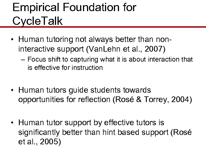 Empirical Foundation for Cycle. Talk • Human tutoring not always better than noninteractive support