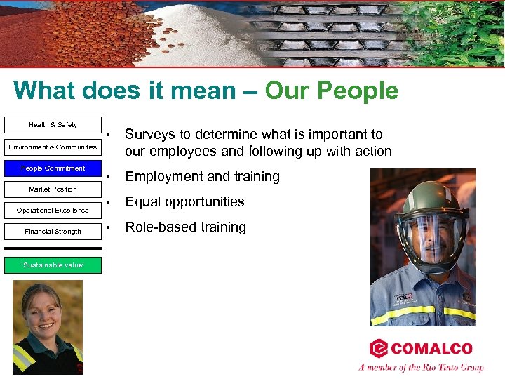 What does it mean – Our People Health & Safety • Surveys to determine