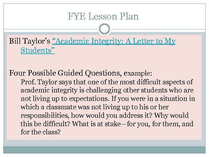 FYE Lesson Plan Bill Taylor’s “Academic Integrity: A Letter to My Students” Four Possible