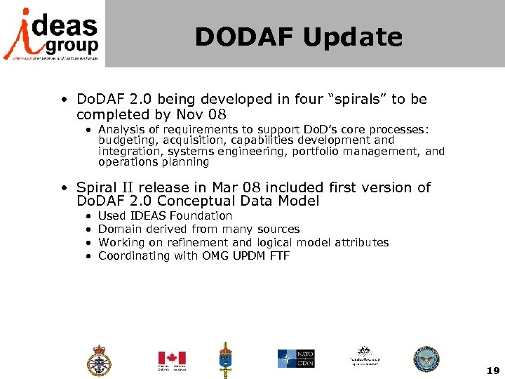 DODAF Update • Do. DAF 2. 0 being developed in four “spirals” to be