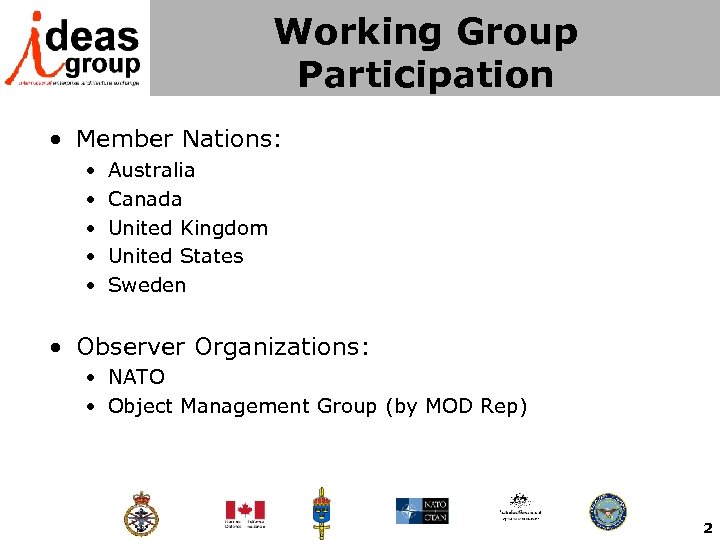 Working Group Participation • Member Nations: • • • Australia Canada United Kingdom United