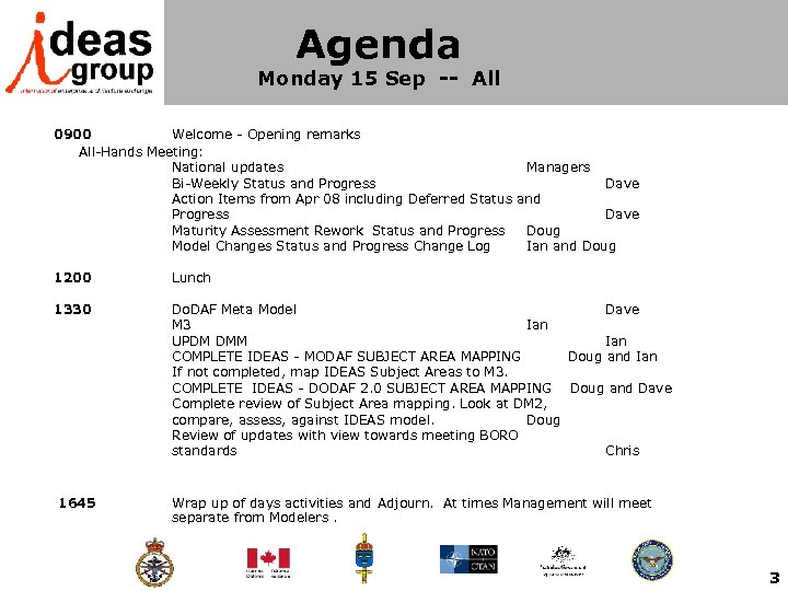 Agenda Monday 15 Sep -- All 0900 Welcome - Opening remarks All-Hands Meeting: National