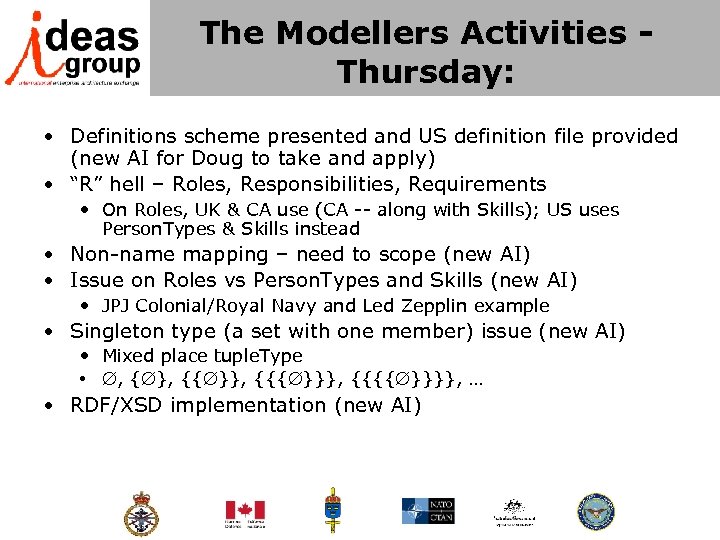 The Modellers Activities - Thursday: • Definitions scheme presented and US definition file provided