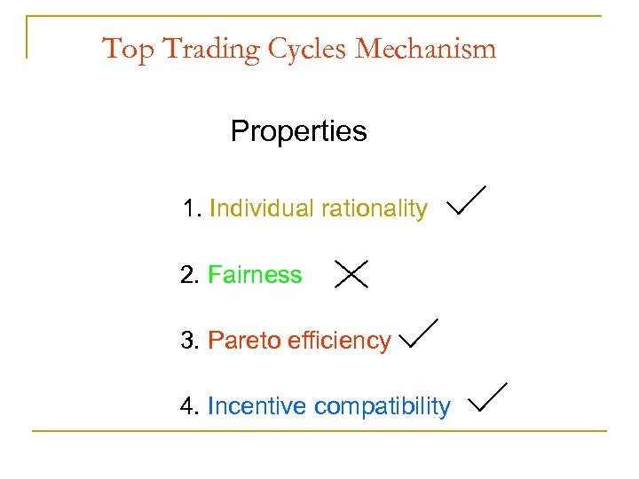 Top Trading Cycles Mechanism Properties 1. Individual rationality 2. Fairness 3. Pareto efficiency 4.
