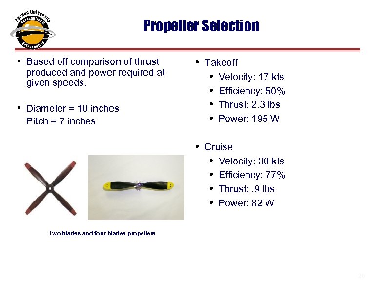 Propeller Selection • Based off comparison of thrust produced and power required at given