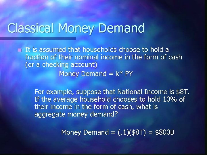 Classical Money Demand n It is assumed that households choose to hold a fraction