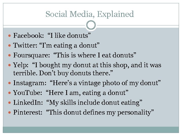 Social Media, Explained Facebook: “I like donuts” Twitter: “I’m eating a donut” Foursquare: “This