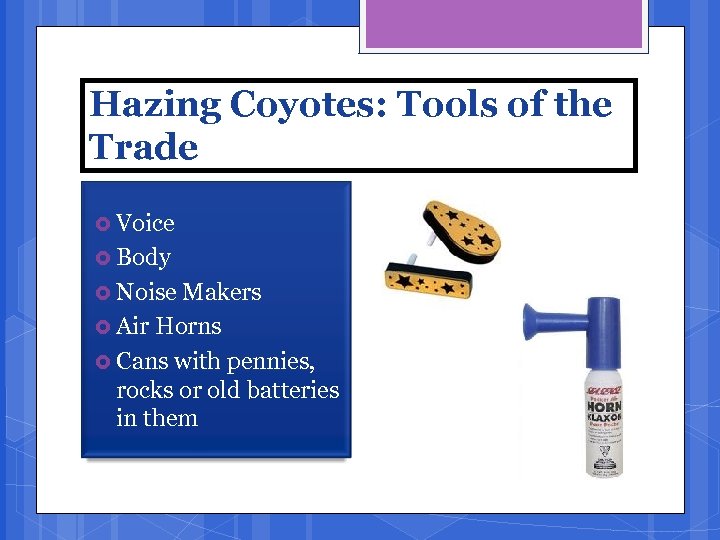 Hazing Coyotes: Tools of the Trade Voice Body Noise Makers Air Horns Cans with
