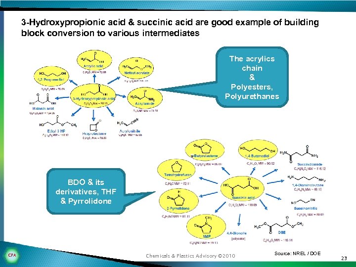 3 -Hydroxypropionic acid & succinic acid are good example of building block conversion to