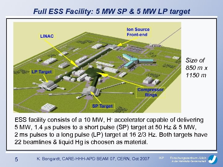 Full ESS Facility: 5 MW SP & 5 MW LP target Size of 850