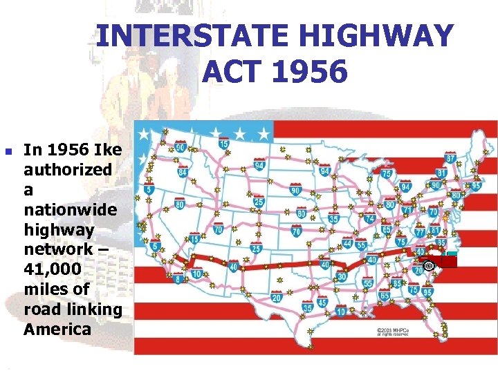 INTERSTATE HIGHWAY ACT 1956 n In 1956 Ike authorized a nationwide highway network –