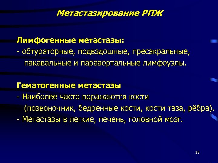 Метастазирование РПЖ Лимфогенные метастазы: - обтураторные, подвздошные, пресакральные, пакавальные и парааортальные лимфоузлы. Гематогенные метастазы