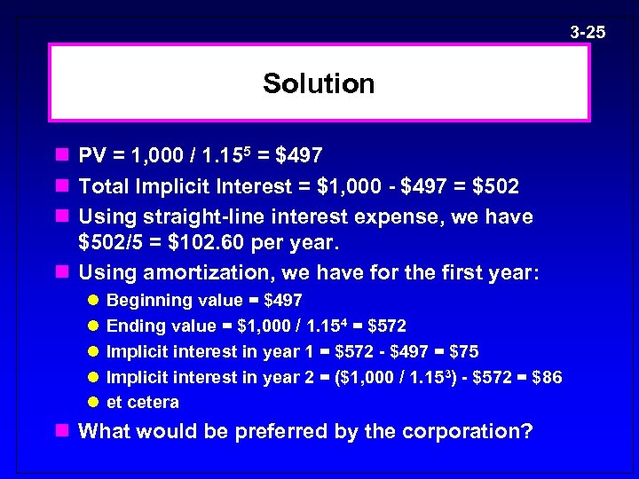 3 -25 Solution n PV = 1, 000 / 1. 155 = $497 n