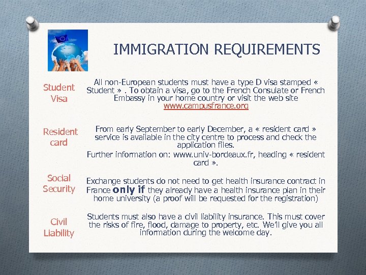 IMMIGRATION REQUIREMENTS Student Visa Resident card All non-European students must have a type D