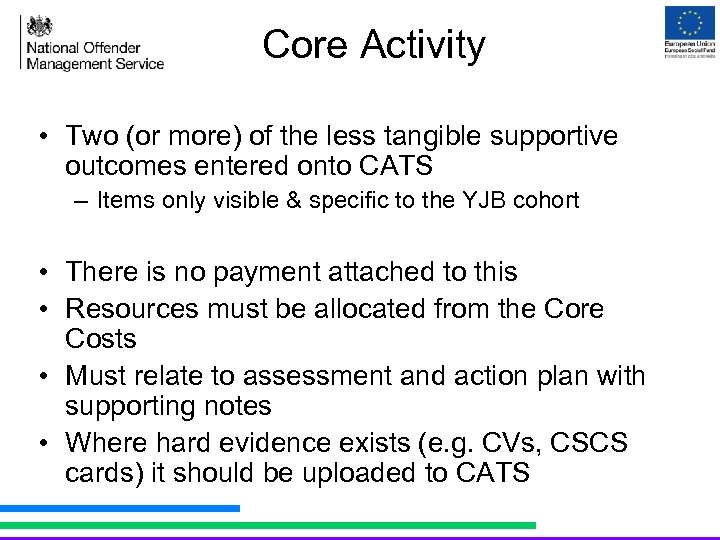 Core Activity • Two (or more) of the less tangible supportive outcomes entered onto