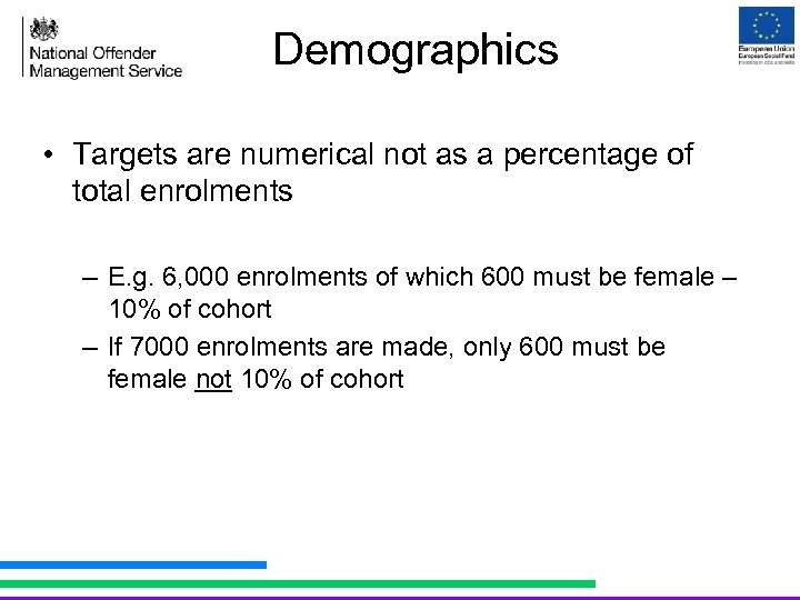 Demographics • Targets are numerical not as a percentage of total enrolments – E.