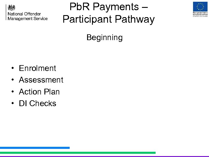 Pb. R Payments – Participant Pathway Beginning • • Enrolment Assessment Action Plan DI