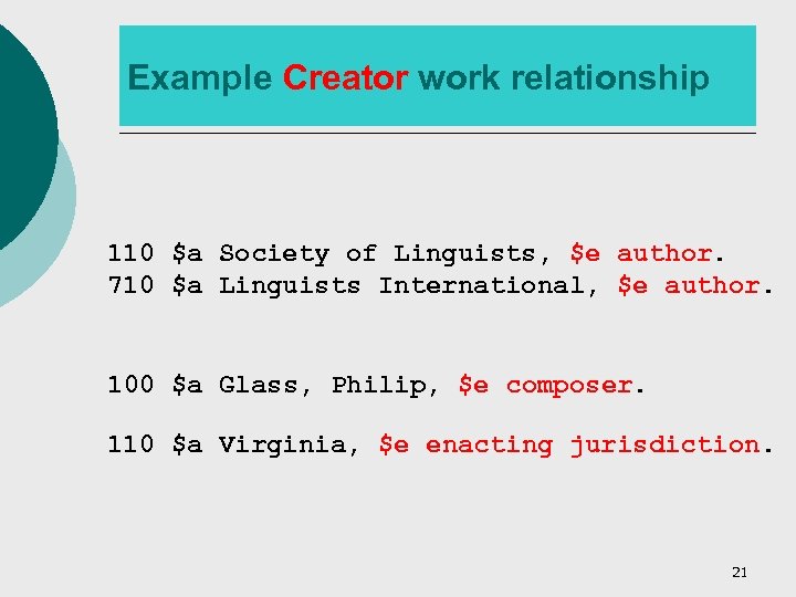 Example Creator work relationship 110 $a Society of Linguists, $e author. 710 $a Linguists