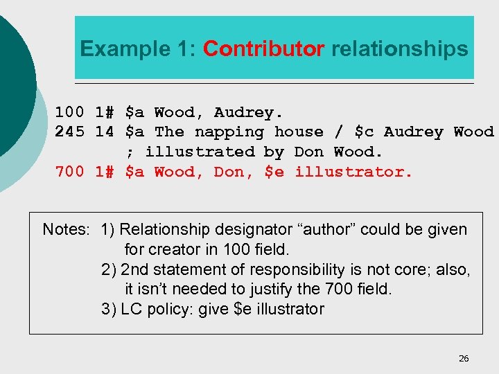 Example 1: Contributor relationships 100 1# $a Wood, Audrey. 245 14 $a The napping