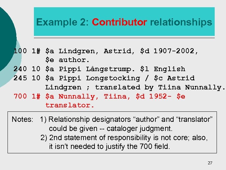 Example 2: Contributor relationships 100 1# $a Lindgren, Astrid, $d 1907 -2002, $e author.