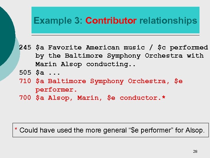 Example 3: Contributor relationships 245 $a Favorite American music / $c performed by the